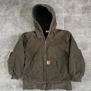 Boy's Carhartt Chocolate Brown Quilt Lined Canvas Hooded Active Jacket Sz M (10)